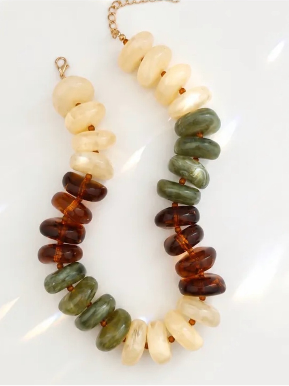 Multi-Color Chunky Resin Bead Necklace - Neutral, Olive & Amber